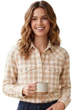J.Crew Beige Buffalo Plaid Pearl Snap Western Shacket Beige Neutral Size 10